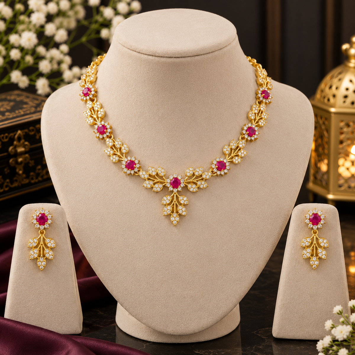 Ruby Leaf Elegance Necklace Set