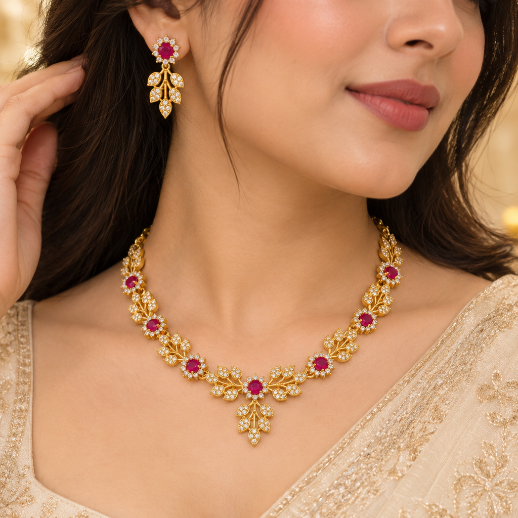 Ruby Leaf Elegance Necklace Set
