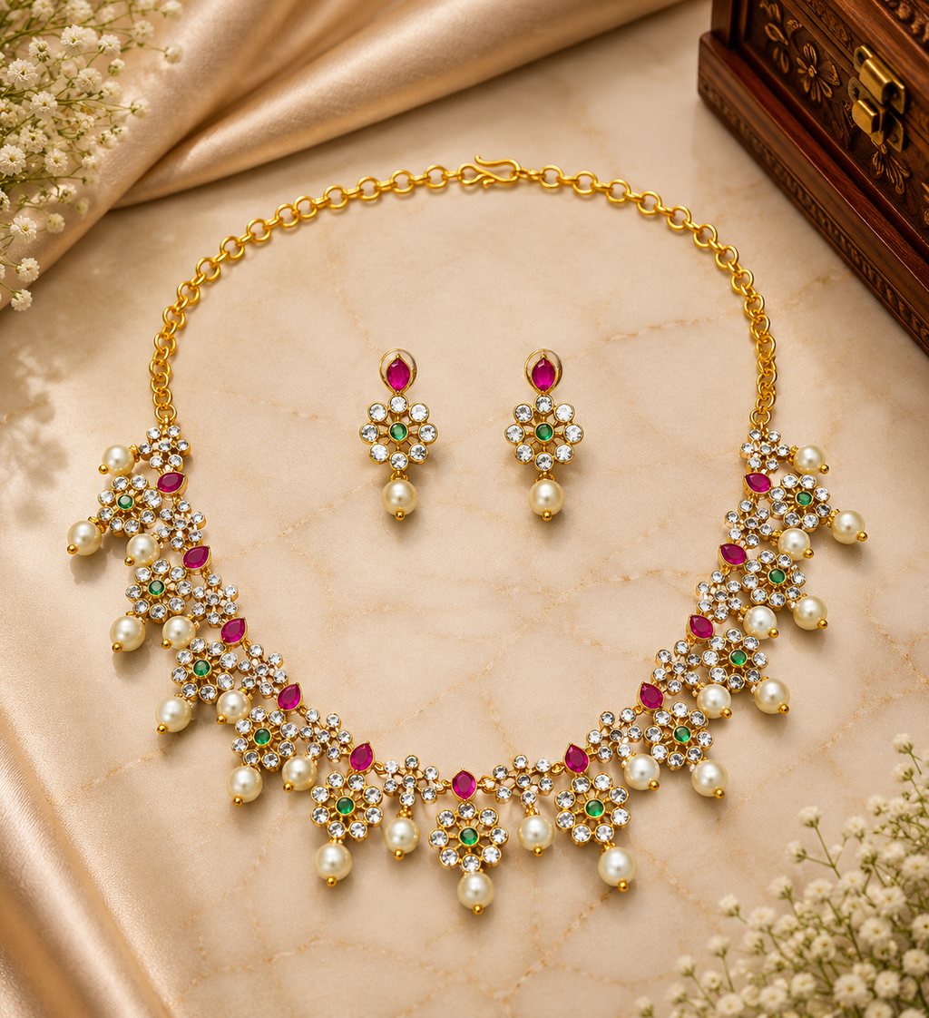 Floral AD Pearl Necklace Set