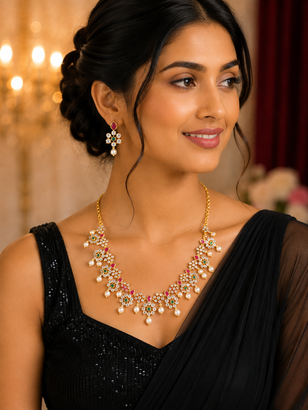 Floral AD Pearl Necklace Set