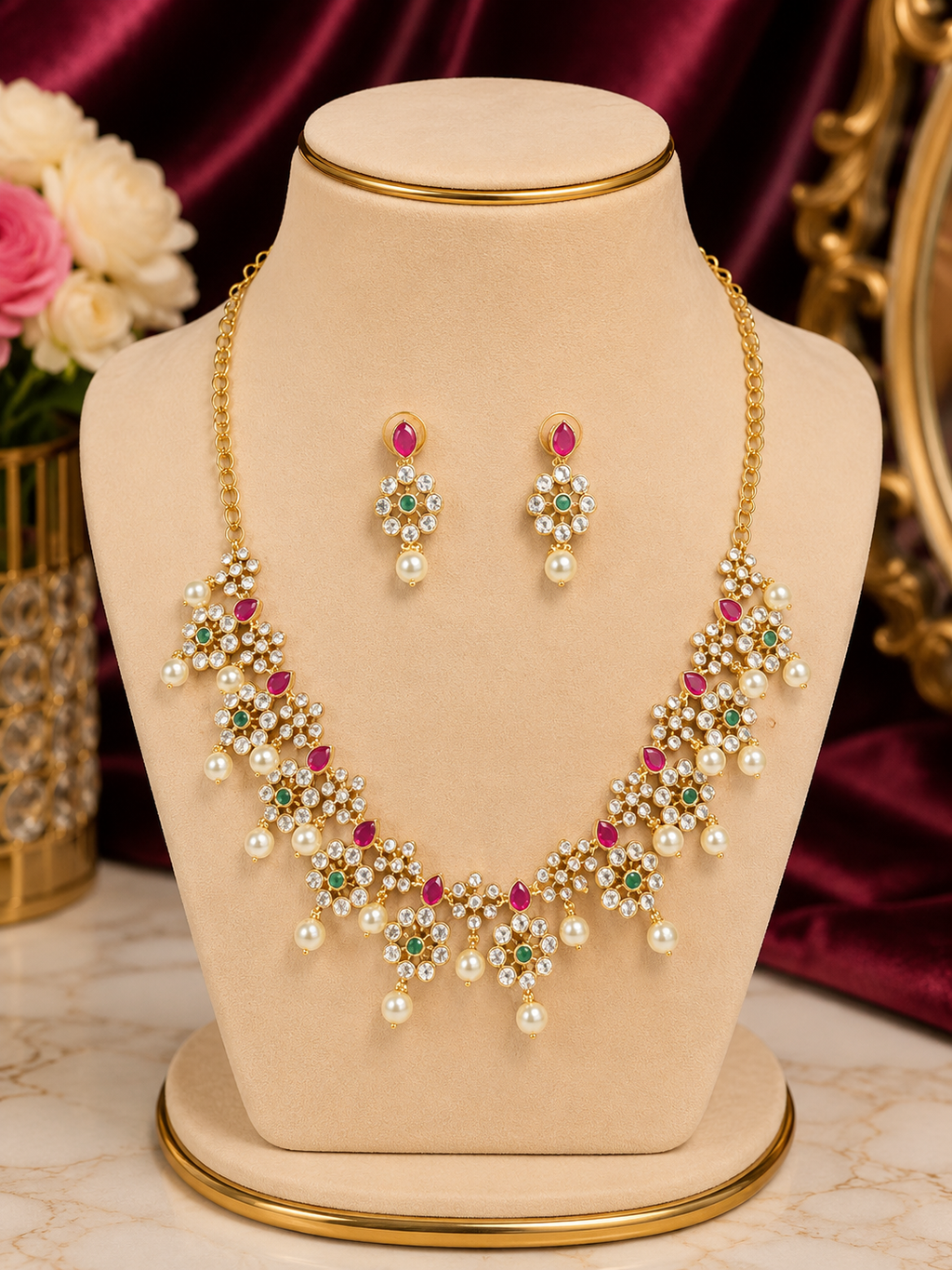 Floral AD Pearl Necklace Set
