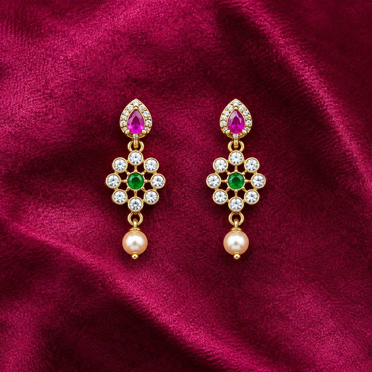 Floral AD Pearl Necklace Set