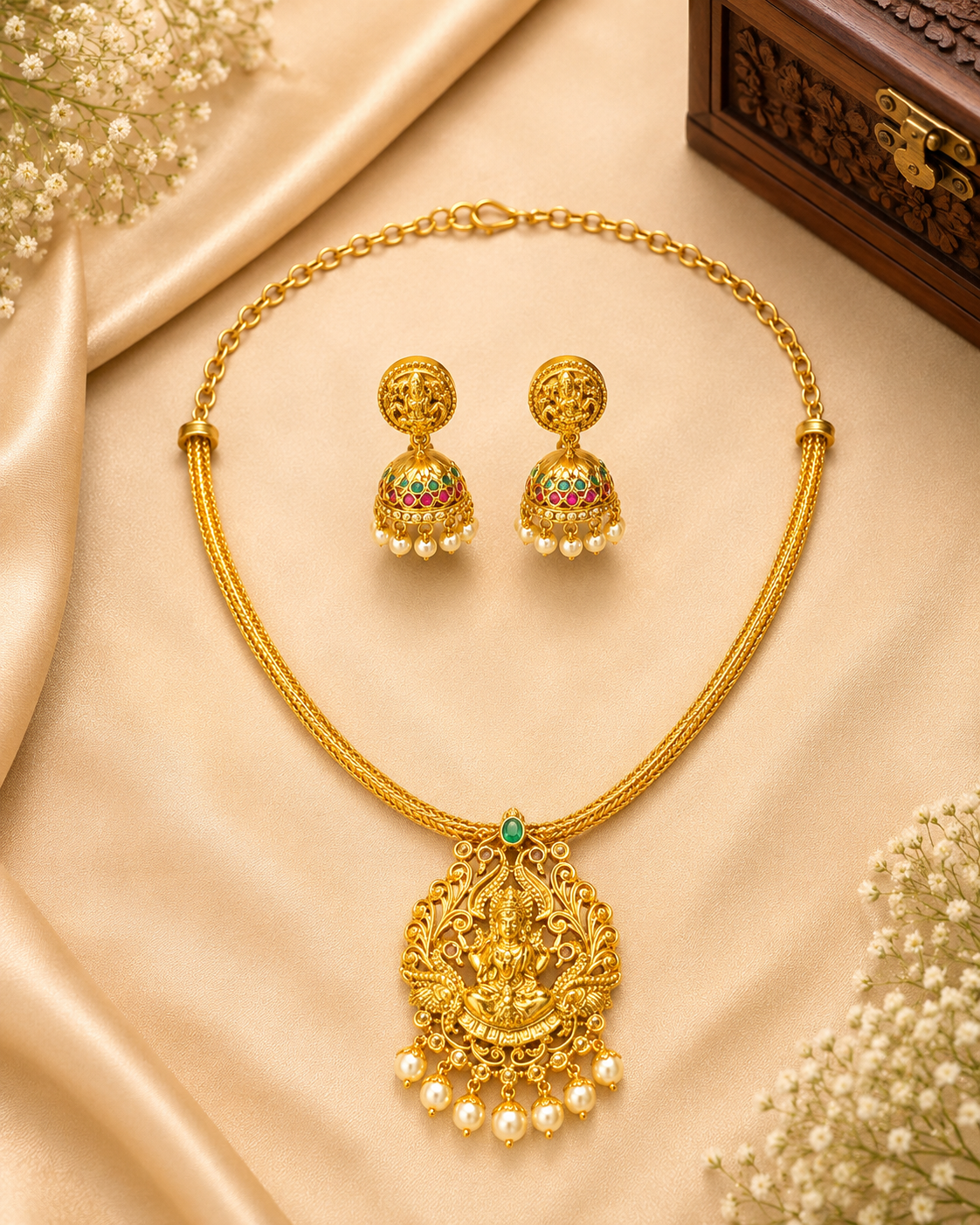 Lakshmi Temple Pendant Set with Jhumkas