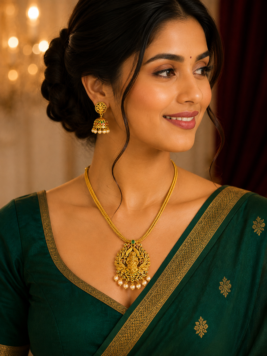 Lakshmi Temple Pendant Set with Jhumkas