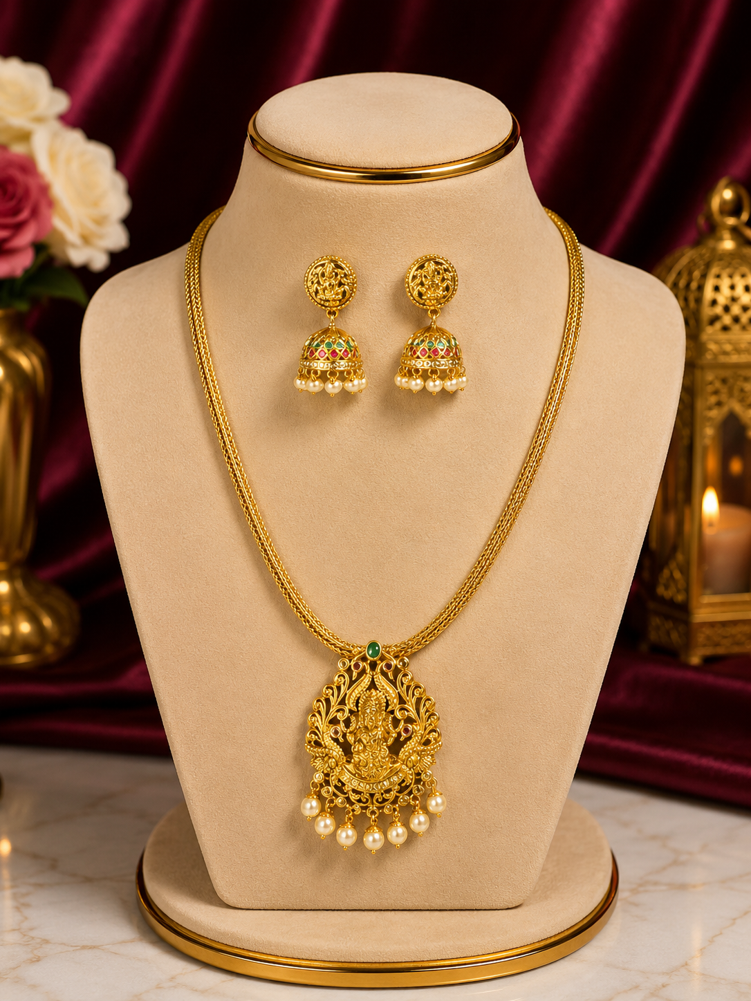 Lakshmi Temple Pendant Set with Jhumkas