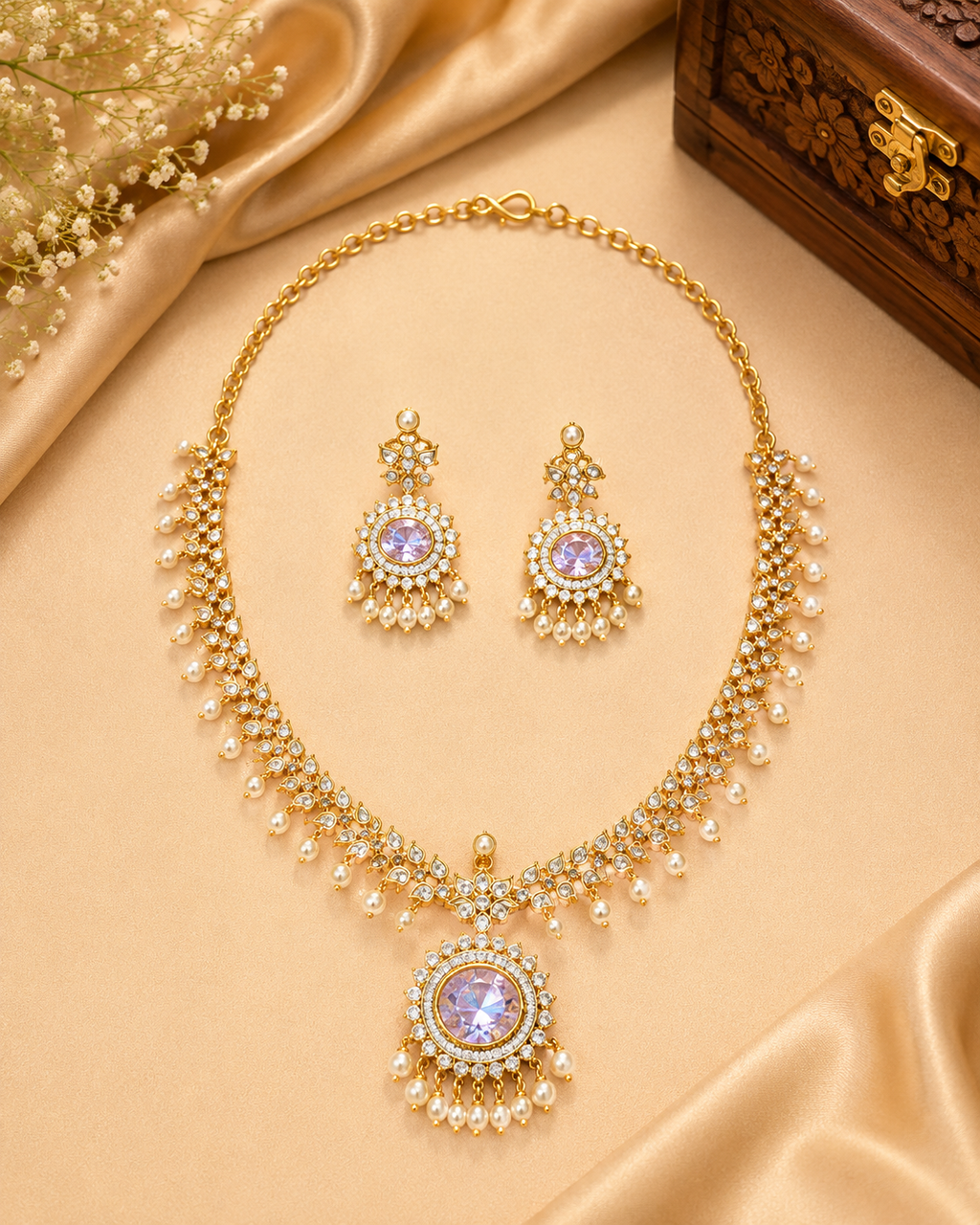 Gold Plated AD Pearl Set