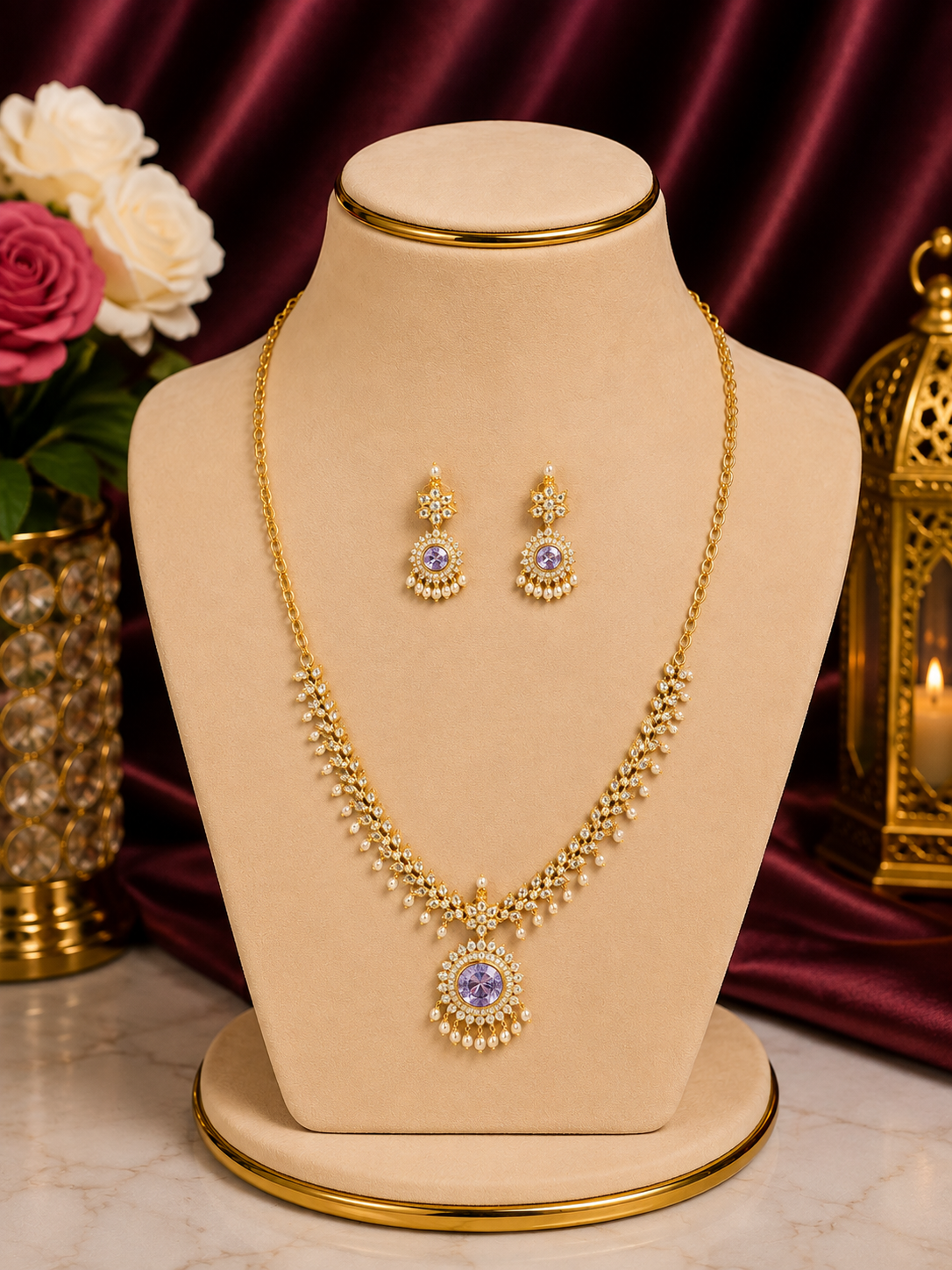 Gold Plated AD Pearl Set