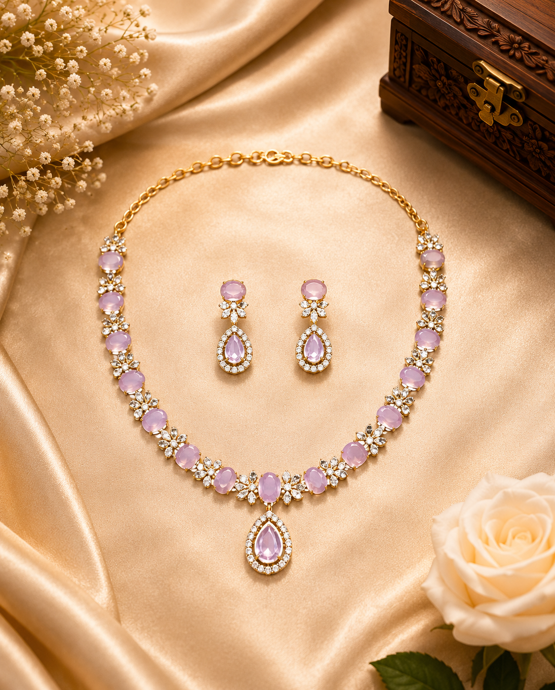 Pink AD Necklace Set for Women