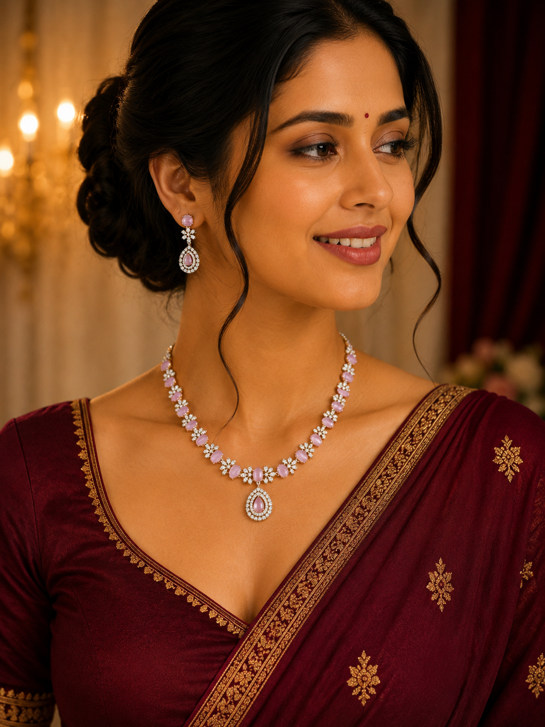Pink AD Necklace Set for Women