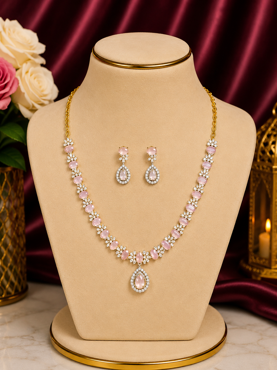 Pink AD Necklace Set for Women