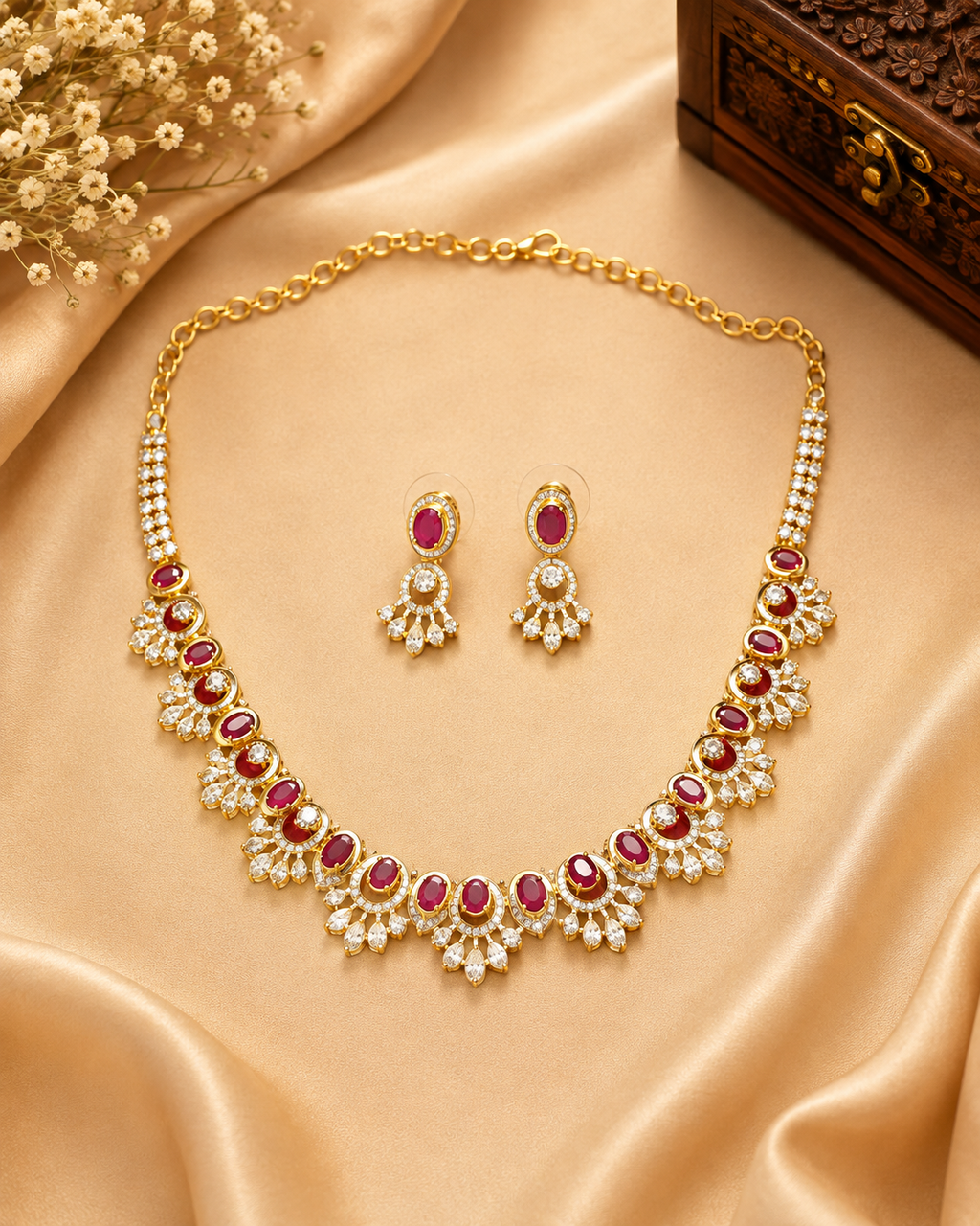 Gold Plated Ruby Red Necklace Set