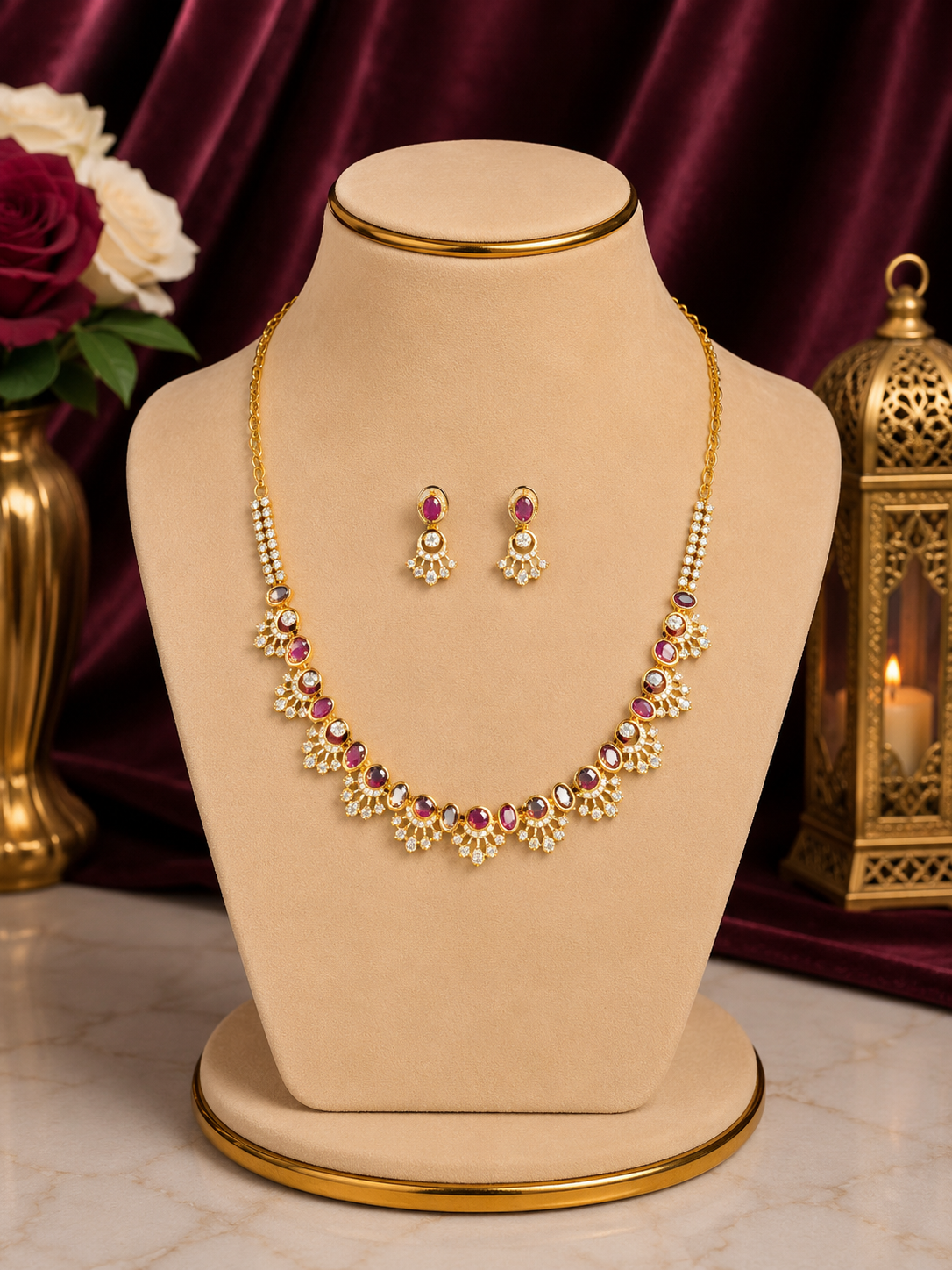 Gold Plated Ruby Red Necklace Set