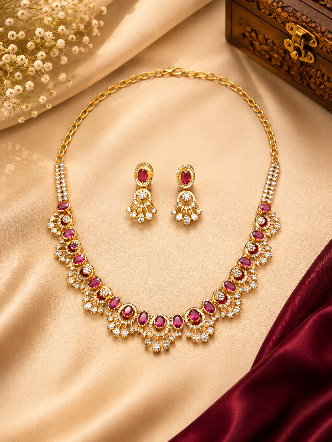 Ruby Pink Stone AD Necklace Set