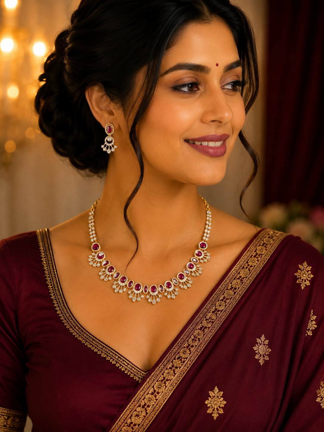 Ruby Pink Stone AD Necklace Set