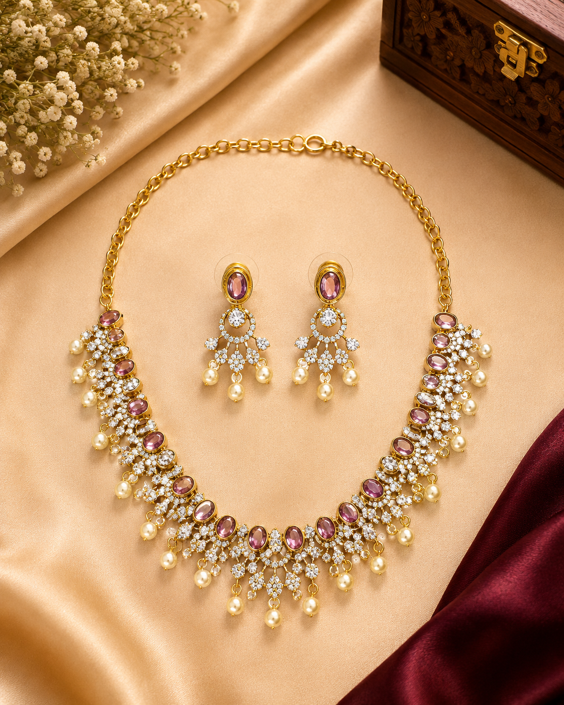 Pink Stone AD Necklace Set with Earrings