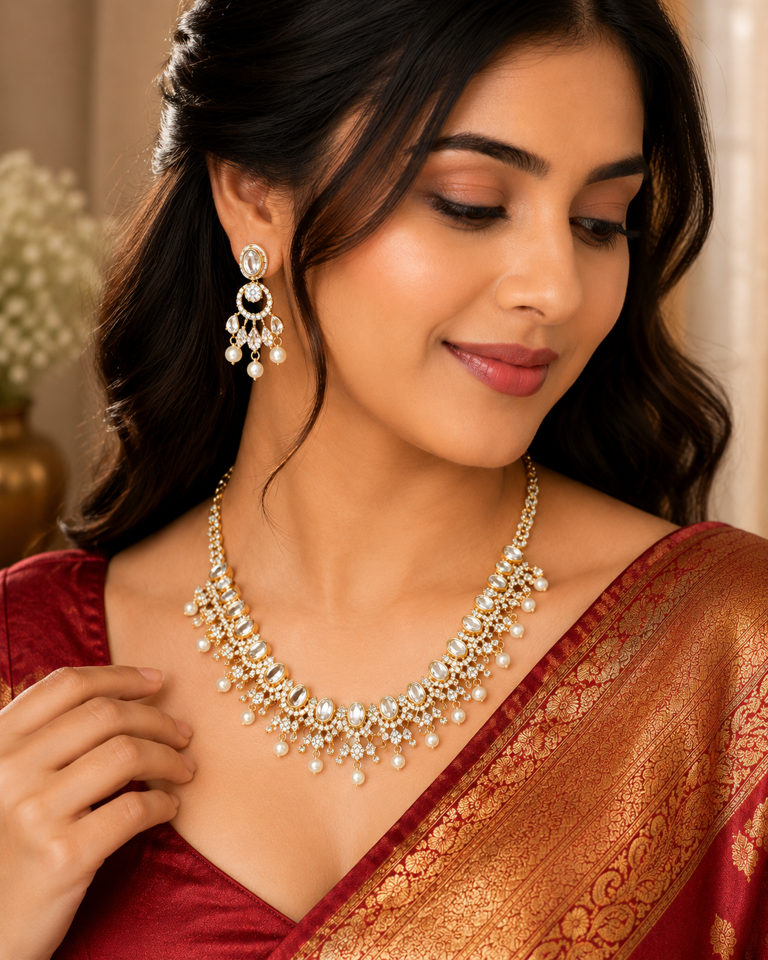 Pink Stone AD Necklace Set with Earrings