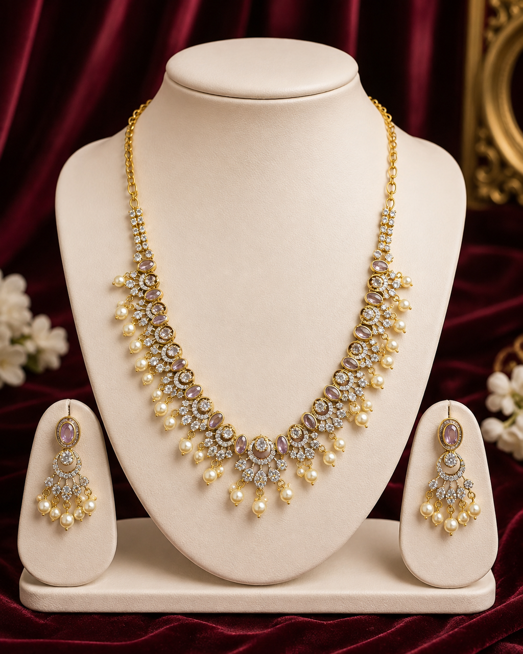 Pink Stone AD Necklace Set with Earrings