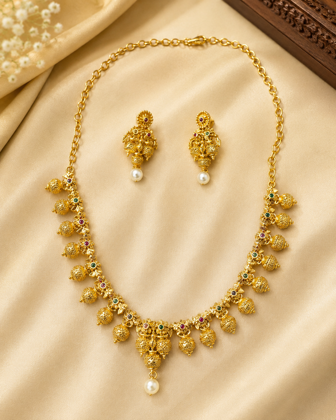 Temple Pearl Jhumka Necklace Set