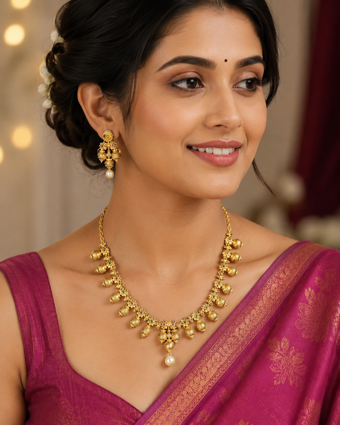 Temple Pearl Jhumka Necklace Set