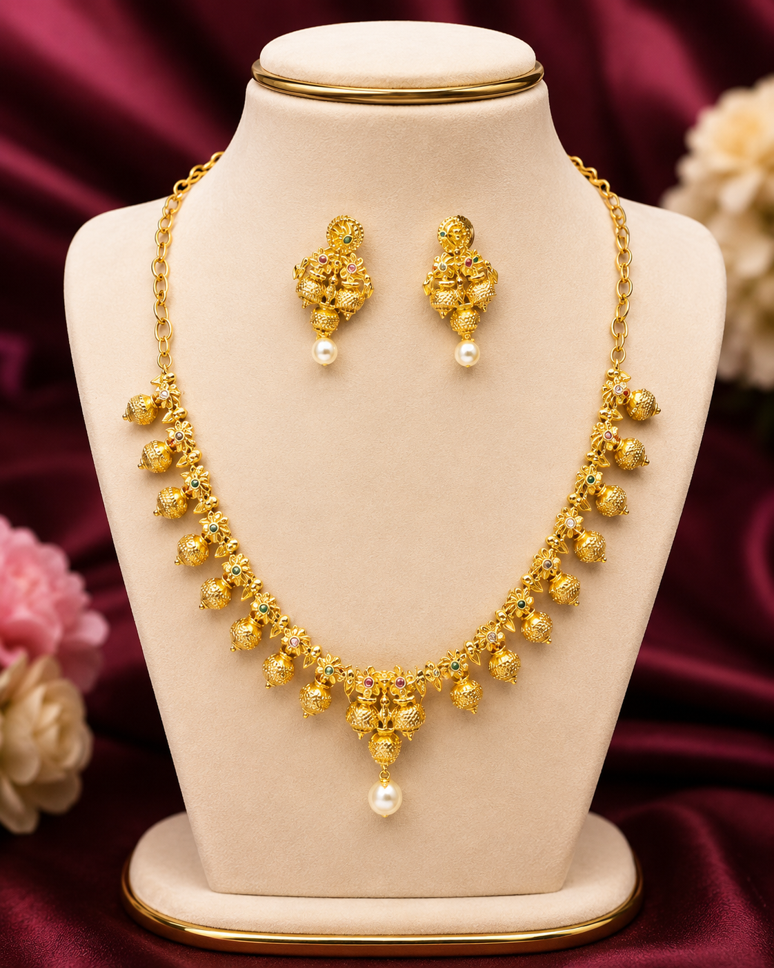 Temple Pearl Jhumka Necklace Set
